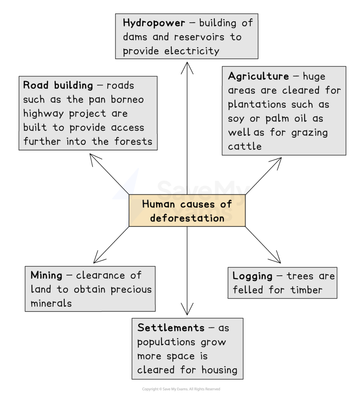 <ul><li><p><strong>Wildfires</strong> are a natural cause of deforestation:</p><ul><li><p>The frequency and severity of wildfires have increased this is linked to human induced climate change</p></li></ul></li></ul><p></p>