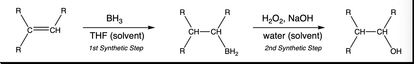 <p>Intermediates: </p><p></p><p>Step 1: BH3, THR(solvent)&nbsp;</p><p></p><p>Step 2: H2O2, NaOH, water(solvent)&nbsp;</p>