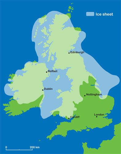 <p>There have been many glacial periods over the last 2.6 million years in the UK. During these periods, large parts of the UK were covered by ice sheets, particularly in Scotland and Northern England, significantly shaping the landscape. </p>