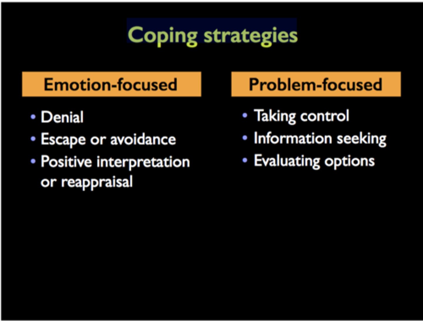 <p>attempting to alleviate stress by avoiding or ignoring a stressor and attending to emotional needs related to one's stress reaction</p>