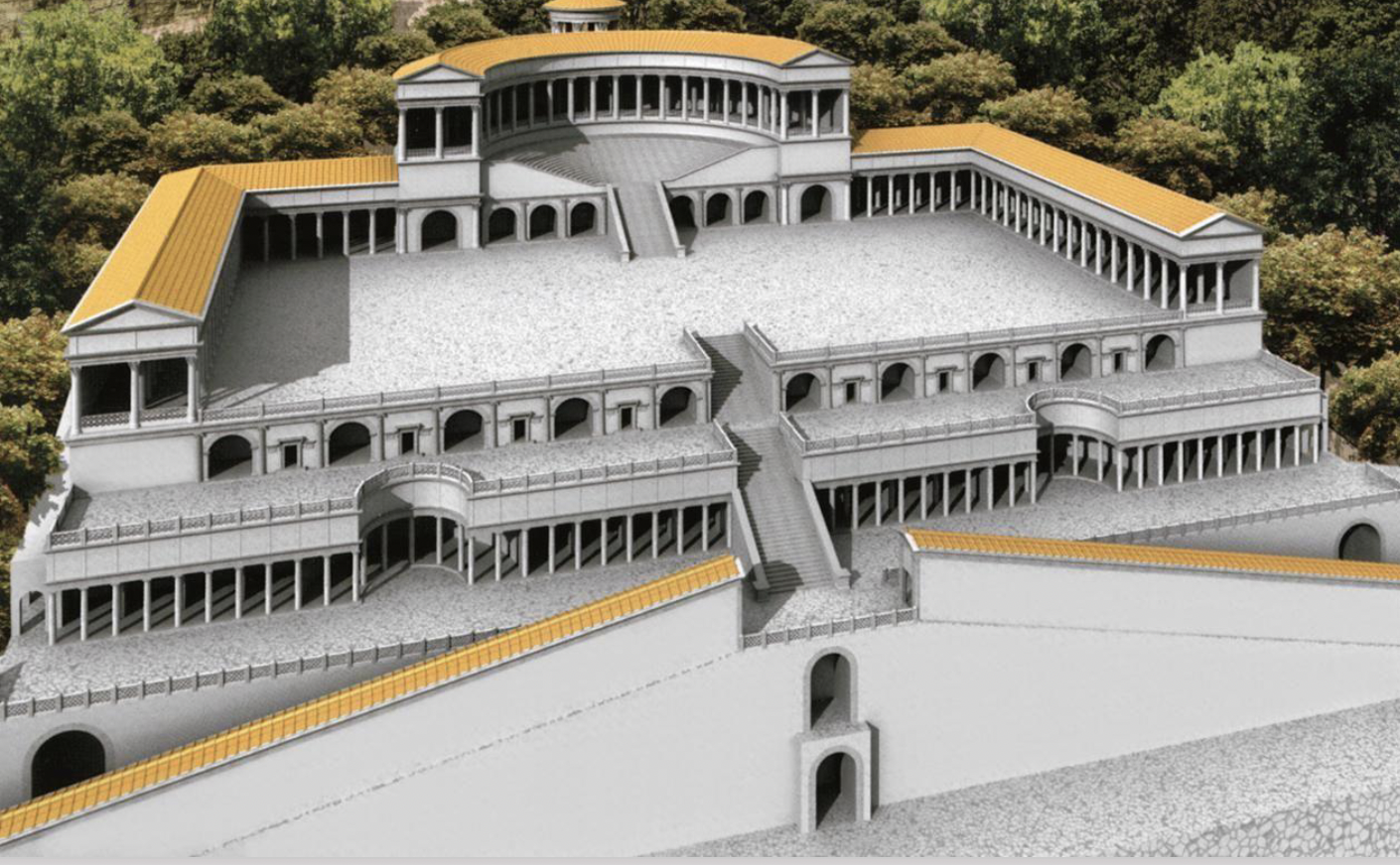 <ul><li><p>It was dedicated to <strong>Fortuna Primigenia</strong>, the goddess of fate and luck.</p></li><li><p>The sanctuary is built on a <strong>terraced hillside</strong>, creating a <strong>grand, multi-level approach</strong> with <strong>stairs, ramps, and ramps for processions</strong>.</p></li><li><p>It combines <strong>architecture, landscape, and views</strong>, giving a dramatic and imposing effect.</p></li><li><p>The temple features <strong>vaulted corridors, niches, and exedrae</strong> (curved seating areas), showing Roman engineering skill.</p></li><li><p>Pilgrims would climb the terraces to <strong>seek guidance or blessings from the goddess</strong>.</p></li></ul><p></p>