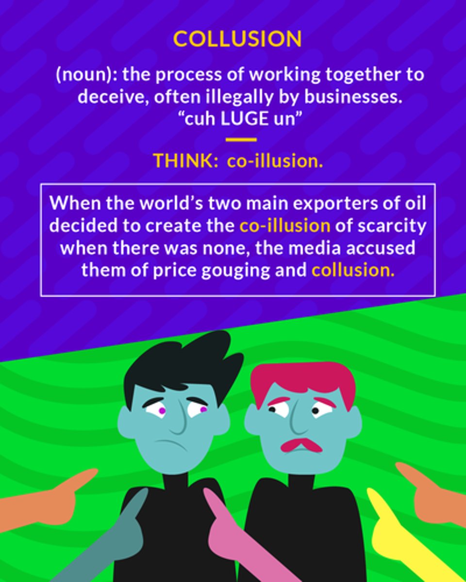 <p>(noun) secret agreement or cooperation</p><p>(noun) the process of working together to deceive, often illegally by businesses</p><p>(noun) secret agreement to deceive others</p>