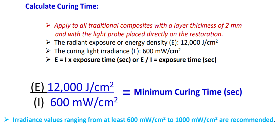 <p>apply all traditional composites w a layer of thickness of 2 mm and w the light probe directly on the restoration</p>