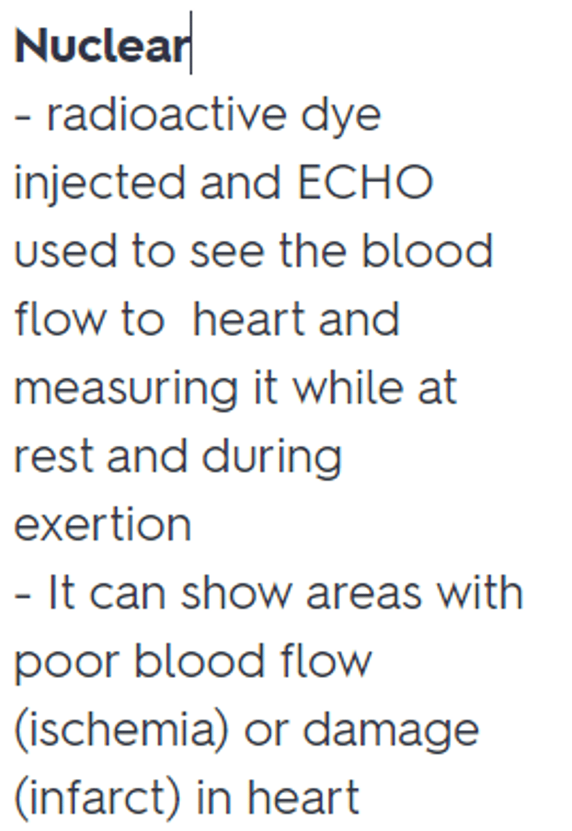 <p>Nuclear (radioacho dye + echo during exertion. Ischemic places will not light up - see pic)</p>