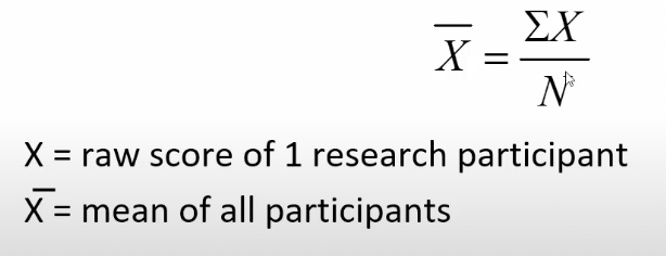 * Most commonly used measure of central tendency
* Refers to score located at the mathematical centre of the distribution
* Average
* Considers all scores in a distribution