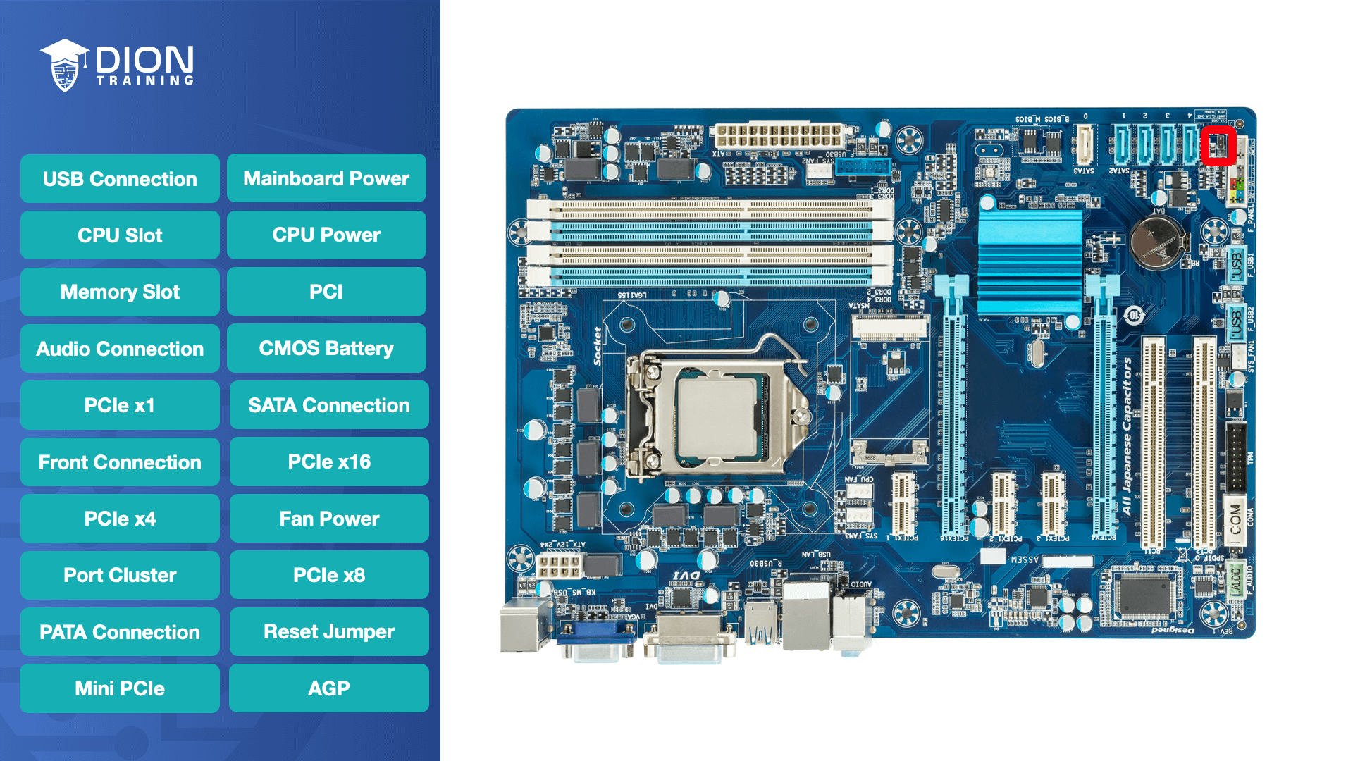 <p>Using the image of the motherboard above, which of the following correctly indicates the circled area?</p><p><strong>USB connector</strong></p><p><strong>Audio connector</strong></p><p><strong>Fan power</strong></p><p><strong>Reset jumper</strong></p>