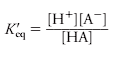 <p>In partial dissociation of a weak electrolyte, represented by HA, the concentration of various species can be determined from the equilibrium equation. where Keq is a physical constant, A-represents the dissociated anion, and square brackets indicate the concentration of each component in units such as moles per liter (mol/Lor M) or millimoles per liter (millimol/L or mM<strong>).</strong></p><p>The activity of each species rather than concentration should be employed in the equilibrium equation, but since most compounds of interest in biological systems are present in low concentration, the value for the activity approaches that of concentration. The equilibrium constant, however, is notated as K’eq to indicate that it is an apparent constant based on concentrations. Since the dissociation of an acid increases with increasing temperatures, the K’eq will also increase.</p>