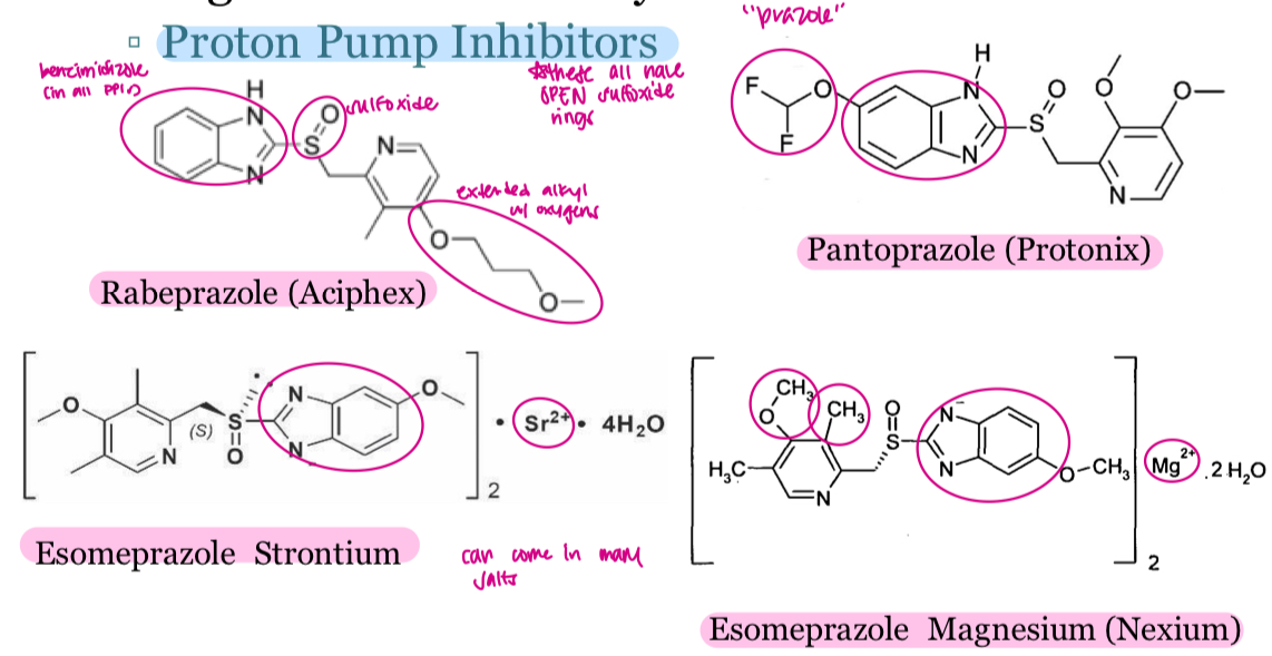 <p>- prilosec (omeprazole)</p><p>- prevacid (lansoprazole)</p><p>- protonix (pantoprazole)</p><p>- nexium (esomeprazole magnesium)</p><p>- strontium (esomeprazole)</p><p>- aciphex (rabeprazole)</p><p>- dexilant (dexlansoprazole)</p>
