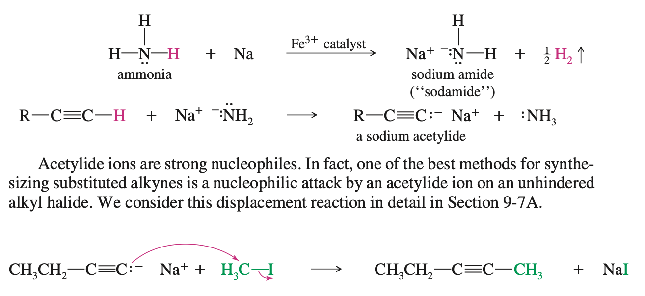 <ol><li><p>Create a Acetylide ion with NaNH2</p></li><li><p>Acetylide Ions are strong nucleophiles and thus can do SN2 substitution to unhindered alkyl-halide</p></li></ol><p></p>