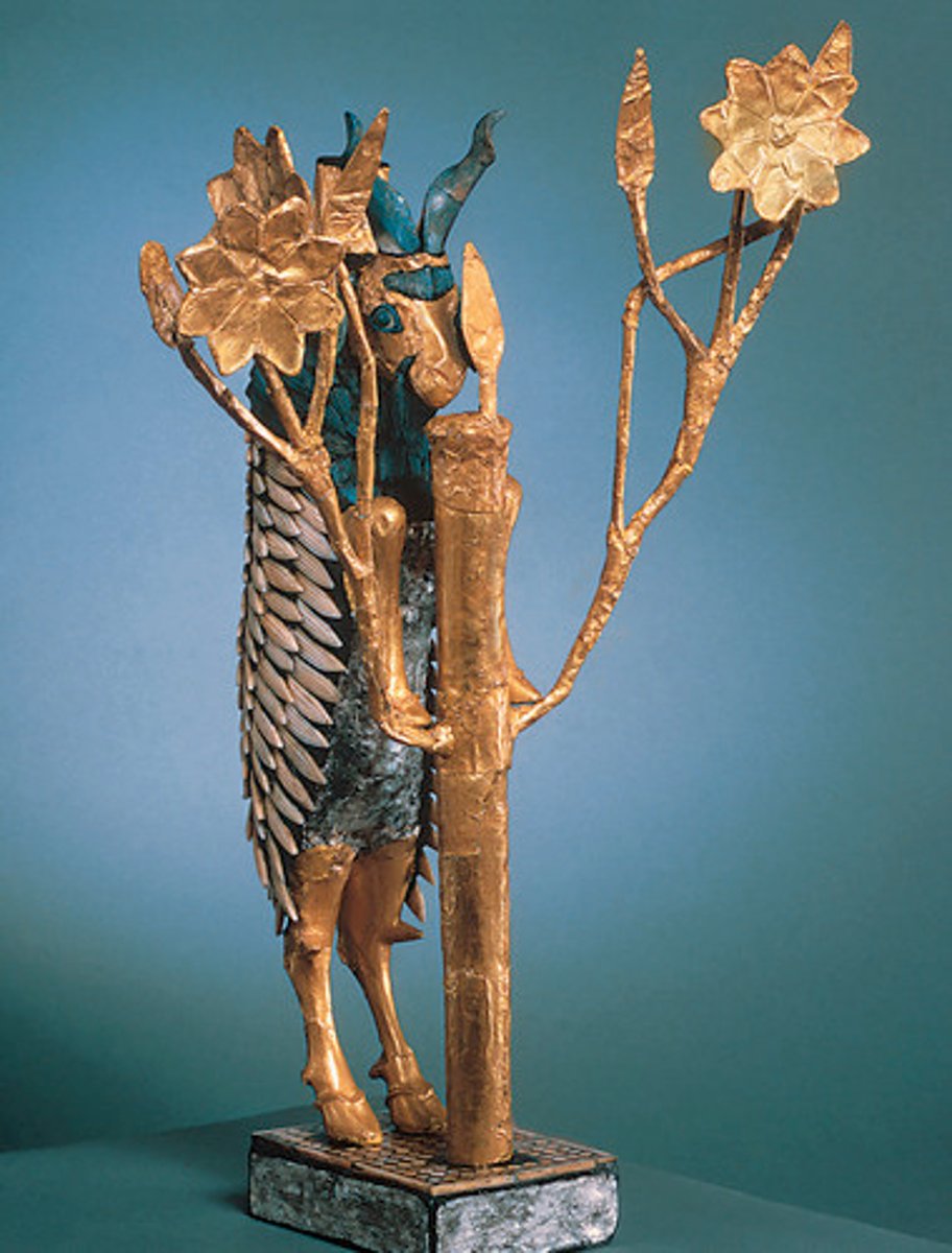 <p>An offering stand from Ur in the 2600 B.C. made of wood, gold, and lapis lazuli</p>