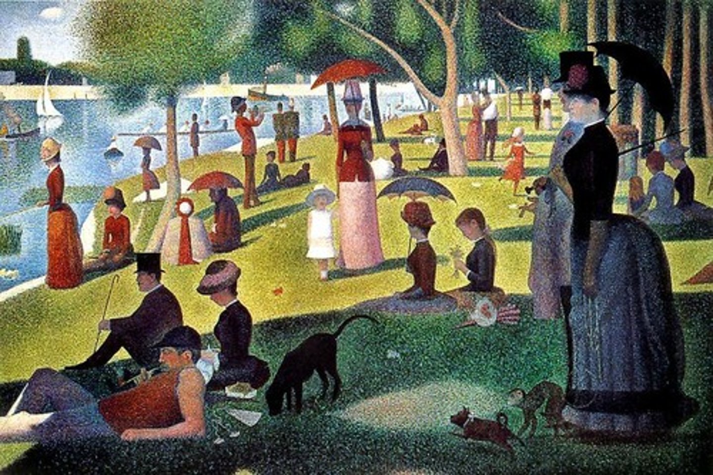 <p><span>Impressionism</span></p><p>Large painting</p><p>Painted with tiny dots</p><p>Everything except the little girl's dress in white</p><p>Using almost only primary colors (optical mixing)</p><p>The park used to be private, but after the French Revolution, it became public</p><p>Social mixing</p><p>Top hats to show the upper class</p><p>But other people in plain clothes who are working and middle class</p><p>On the edges of the painting, he only used blue and red</p>