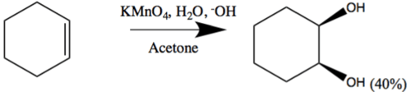 <p>OH and OH add syn. +/-.</p><p>Solvent is acetone with KMnO4, H2O, OH-</p>