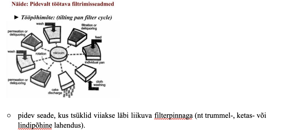 <p><span style="background-color: transparent; font-family: "Times New Roman", serif;"><strong><span>Töö:</span></strong><span> rõhkude vahe Δ𝑝 tekitatakse alarõhuga filterpinna järel (vaakum), mis imeb filtraadi läbi filtripinna. Filterpind liigub läbi tsoonide, kus järjest toimub filtrimine, koogi pesemine ja koogi eraldamine.</span></span></p>