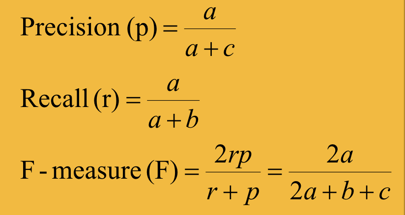 <p>-useful when class imbalance</p><p>-precision- accuracy when predict pos</p><p>-recall- fraction of pos you ‘catch’ (predict right)</p><p>-pos class = primary interest</p><p>-tradeoff b/n precision and recall</p>