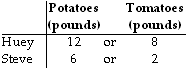 <p><br><span><span>Huey and Steve can grow potatoes or tomatoes. The table above shows the pounds of potatoes and tomatoes Huey and Steve can grow in a week. Based on the​ table, Huey's opportunity cost of producing one pound of tomatoes is:</span></span></p>