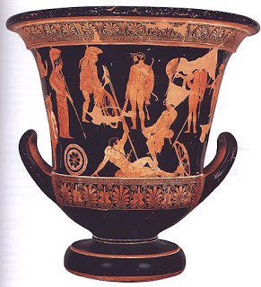 Anonymous vase painter of Classical Greece known as the Niobid Painter. 
c. 460-450 B.C.E. 
Clay, red-figure technique (white highlights).

Niobid thinks her 14 kids are better than Goddess Leto's kids. Athena and Artemis kill kids. Shows downfall of Hubris 

multi-stepped firing process to turn the background black against red figures