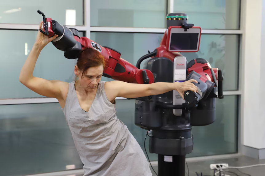 <p>Baxter contact improvisation is a project where a <strong>Baxter robot and a human dance together</strong>, using <strong>shared weight, touch, and movement</strong> to communicate.</p>