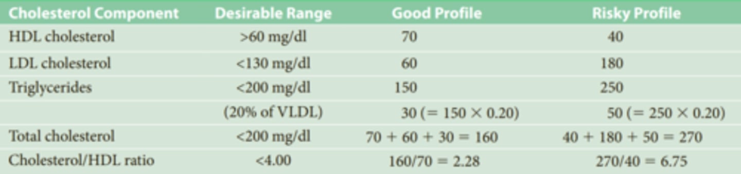 <p>•HDL - high-density lipoprotein (“good cholesterol”) – protects the heart</p><p>•LDL - low-density lipoprotein (“bad cholesterol”) – risk factor for heart</p><p>HDL actually seems to offer some protection against CVD, whereas LDL seems to promote atherosclerosis</p>