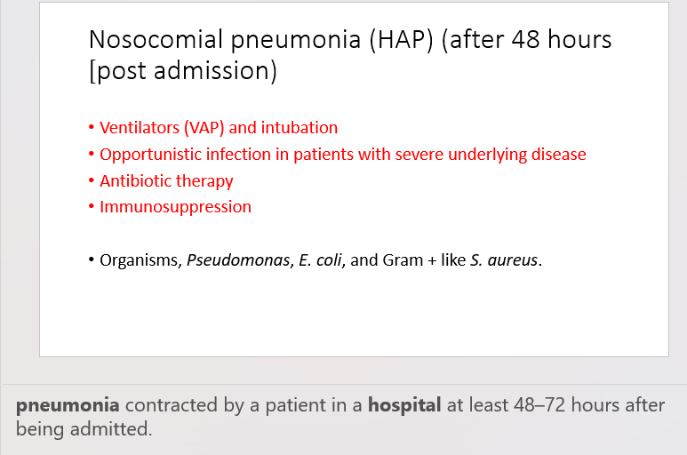 <ul><li><p>Nosocomial pneumonia occurs after 48 hours post-admission, with VAP commonly associated with ventilators and intubation.</p></li><li><p>Opportunistic infections are prevalent in patients with severe underlying diseases.</p></li><li><p>Antibiotic therapy and immunosuppression are common risk factors.</p></li><li><p>Pathogens commonly implicated in nosocomial pneumonia include Pseudomonas, E. coli, and Gram-positive bacteria such as Staphylococcus aureus.</p></li></ul>
