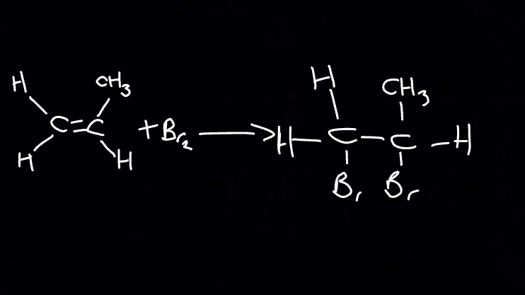<p>Draw and describe halogen elctrophlic addition for this reaction</p>