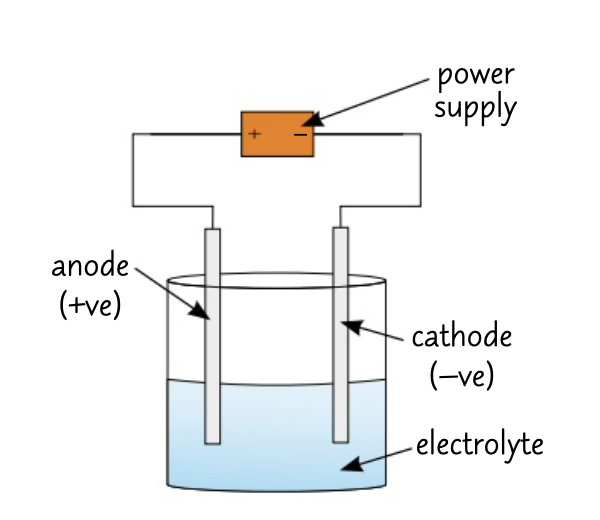 <ol><li><p>turn power supply on</p></li><li><p>use inert electrodes (eg platinum or carbon) so they don’t react</p></li><li><p>depending electrolyte products will form as metals (plating) or gases (bubbles)</p></li><li><p>use wires and clips to connect the electrode to power supply</p></li><li><p>place electrodes into beaker containing electrolyte (make sure they don’t touch)</p></li></ol>