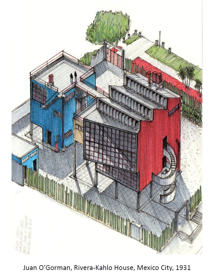 by Juan O’Gorman 
Modern language with local influences –special attention to the needs of the clients –considered the first modern house in Latin America
Modern language: house follows Le Corb's 5 points for a new architecture: house raised on stilts, free plan, free façades, garden terrace, horizontal windows
Local influences: use of Mexican materials, colors, textures, plants