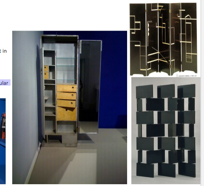 Irish designer and architect- meets Japanese artist and develops interest in lacquered screens
Experiments with combinations of synthetic and 
natural materials in furniture design: chrome, tubular 
steel, Bakelite with cork, slate, or exotic woods