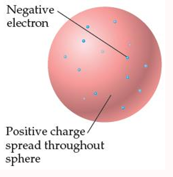 <p>The atom consists of a uniform positive sphere of matter in which the mass is evenly distributed and in which the electrons are embedded like raisins in a pudding or seeds in a watermelon</p>