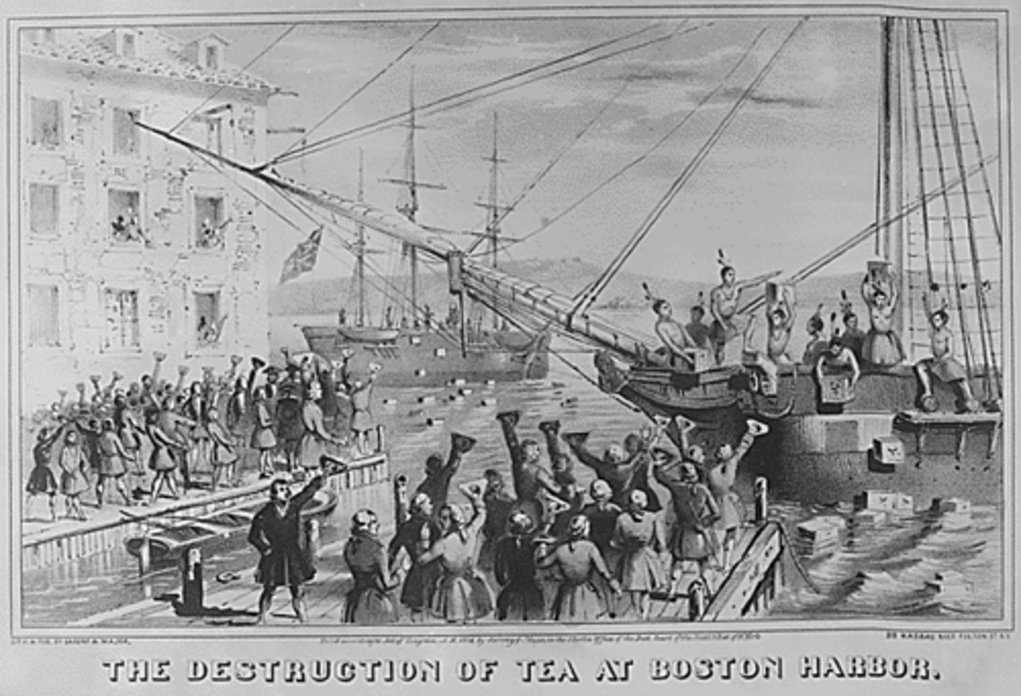 <p>90,000 pounds of tea dumped into the Boston harbor in protest of the tea tax; organized by the Sons of Liberty. Organized by Samuel Adams & Paul Revere.</p>