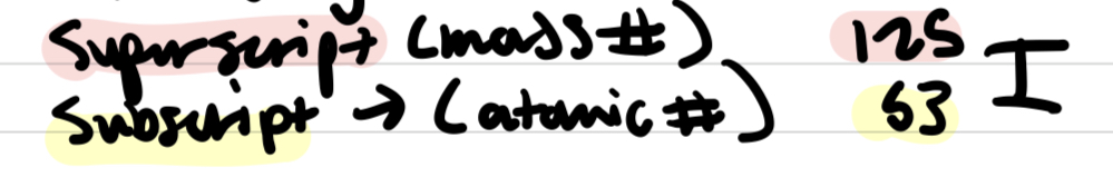 <p>- mass # superscript</p><p>- atomic # subscript</p>