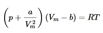 <p>combine the corrections for volume and the attractive potential, and simplify all the constant terms down to a and b.</p><p>at Large <span>V</span><sub><span>m</span></sub><span> : b and a corrections are neglible as volume and number density are both very low</span></p><p><span>at large T: a is negligible as thermal energy can easily rip apart van der Waals bonds</span></p>