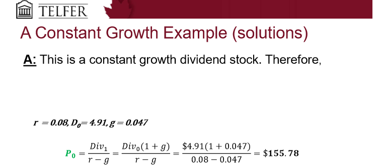<p>Assumes that the dividends grow at a constant rate forever</p><ul><li><p>Growing perpetuity formula</p></li></ul><p></p>