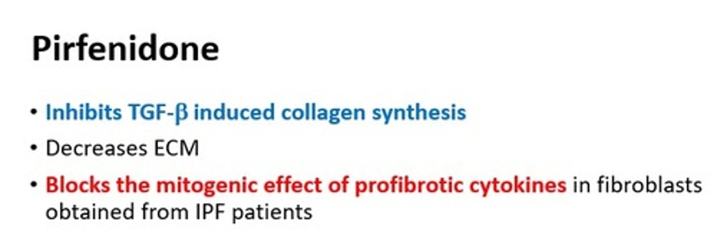 <p>Esbriet</p><p>- blocks TGF-beta stimulated collagen production</p><p>- for pulmonary fibrosis</p>
