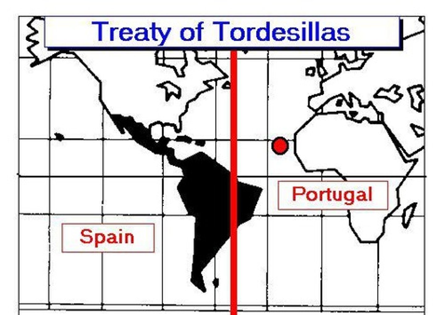 <p>The Treaty of Tordesillas was an agreement in 1494 between Spain and Portugal to divide newly discovered lands of the world between them by a line of demarcation.</p>