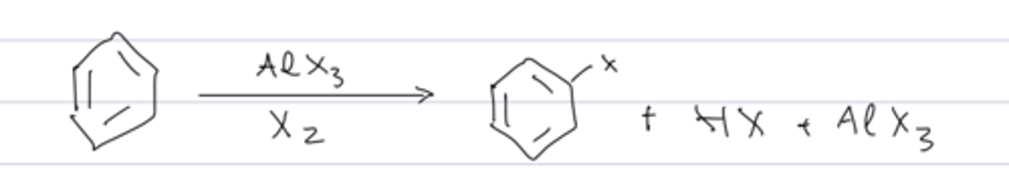 <p>benzene + AlX₃ + X₂ → X-substituted benzene + HX + AlX₃</p>