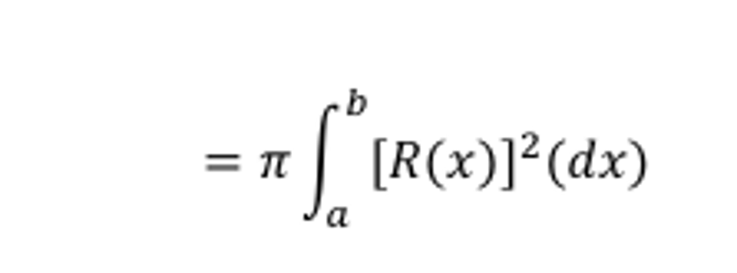 <p>π ∫ r² dx over interval a to b</p><p>r = distance from curve to axis of revolution</p>