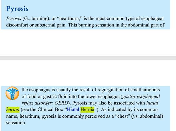 <p>pyrosis&nbsp;“a burn” due to regurgitation, can be due to a hiatal hernia.&nbsp;</p>