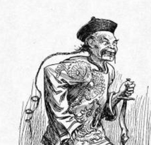 <p><span>Long pony-tail, narrow eyes, thin moustache, traditional Chinese clothes and hat, two large front teeth</span></p><p></p>