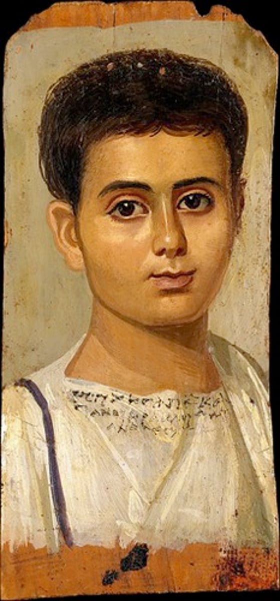 <p>Name: Portrait of the boy Eutyches</p><p>Time Period: 100-50 CE</p><p>Medium: Encaustic and paint on wood</p><p>Location: originally from Egypt. now at the Metropolitan Museum of Art</p>