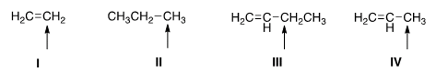 <p>Which of the indicated hydrogens is most readily abstracted in a free radical</p><p>halogenation reaction?</p><p>A) I</p><p>B) II</p><p>C) III</p><p>D) IV</p>