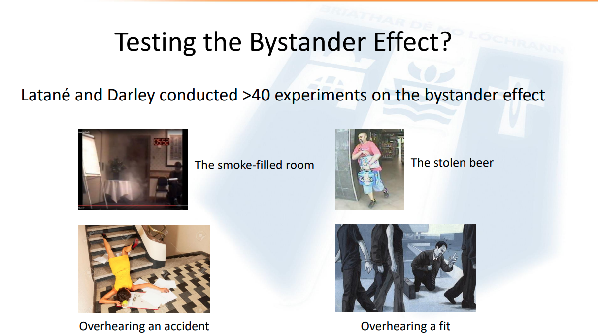 <p>• Each experiment was intended to test some aspect of Darley &amp; Latané’s emerging model of bystander intervention. </p><p>• They tested the principle of ‘diffusion of responsibility’ by comparing how people reacted to overhearing someone having a fit, under two circumstances: • when alone, </p><p>• and believing four other people were present </p><p>• Those who were alone were more likely to intervene, and did so quicker. In order to test the effect of others on ‘ambiguous situations’( like smoke filled room)</p><p>• They needed to create a situation that could be interpreted multiple ways.</p>