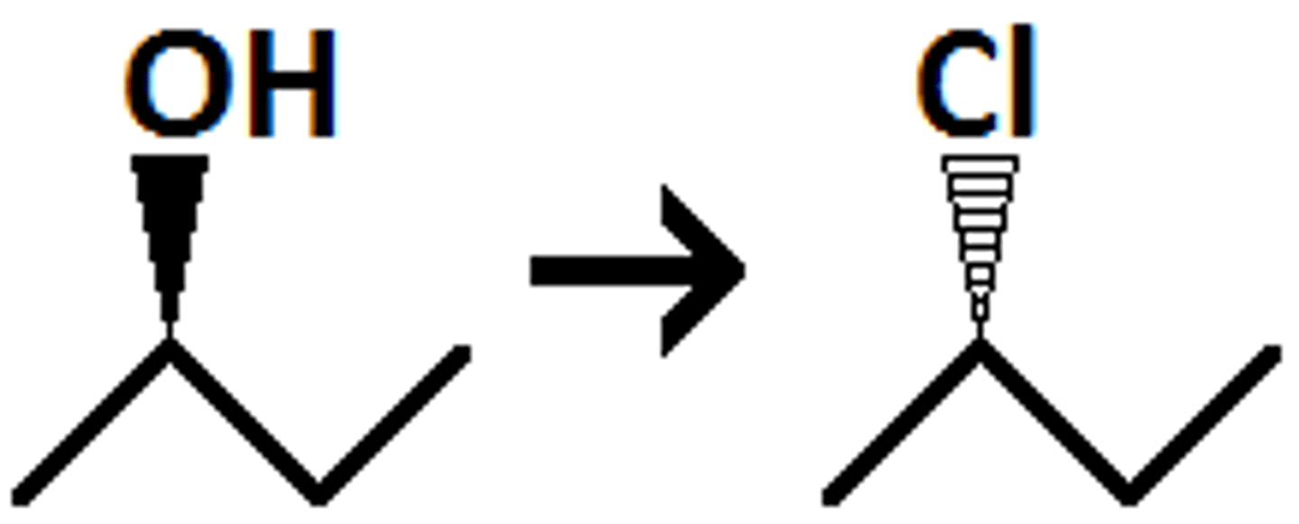 <p>alkyl chloride</p><p>inversion</p>