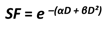 <ol><li><p>alpha component of cell kill is proportional to dose</p></li><li><p>beta component of cell kill is proportion to dose²</p></li></ol><p></p>