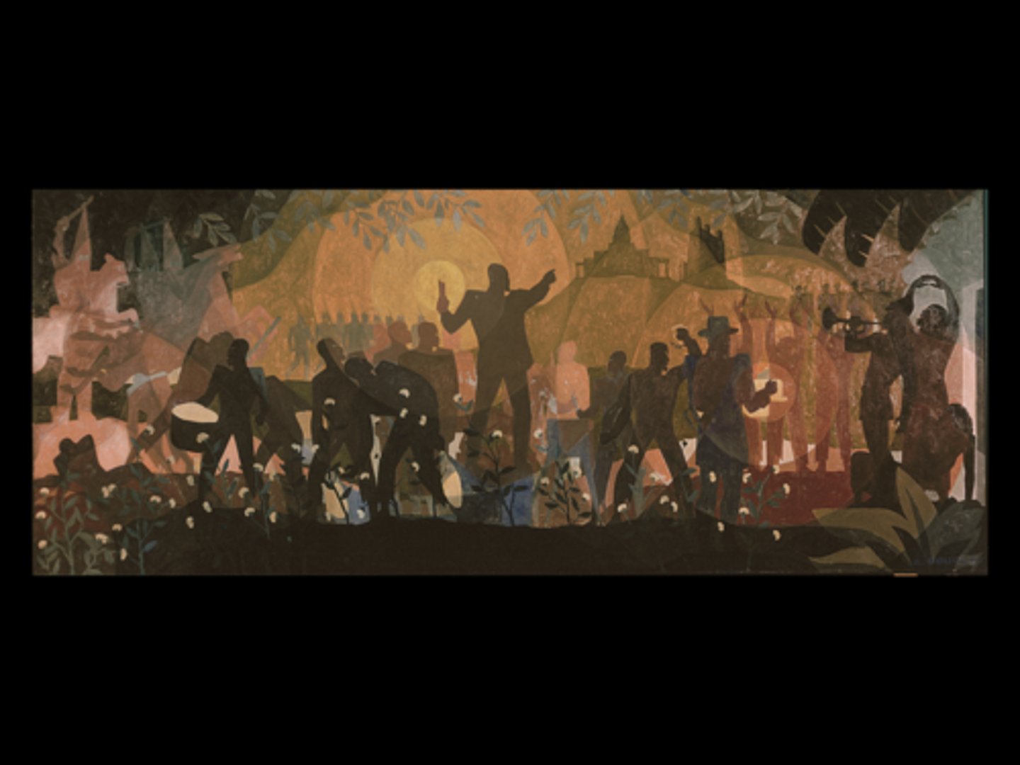 <p>Harlem Renaissance</p><p>The most famous painter</p><p>Commissioned for a new library in Harlem</p><p>The New Deal put a lot of libraries and post offices around the US</p><p>They tried to make the libraries look beautiful to stand out against Europe and to get more artists more work</p><p>The people look like they have masks on</p><p>Trying to show heritage</p><p>Using African masks to kinda take back their heritage</p><p>Read the painting left to right</p><p>We see people in white robes</p><p>As well, we see people picking cotton</p><p>In the middle, we are supposed to see the Civil War</p><p>The person with the paper is Abraham Lincoln</p><p>On the right, we see free slaves</p>