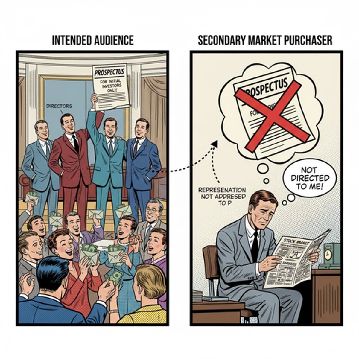 <p>Chapter: Vitiating Elements: Misrepresentation (The Representation Must be Intended to be Acted Upon)</p><p>Facts: P bought shares on the open market and sued the directors after losing money despite the prospectus not being intended for secondary market purchasers, only initial investors.</p><p>Principle: A claim for misrepresentation can only succeed if the false statement was made to, or intended for the claimant. Someone who relies on it indirectly cannot sue for that misrepresentation.</p>