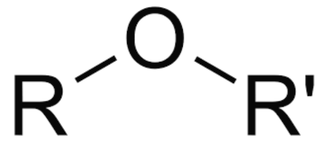 <ul><li><p>bent («109.5°)</p></li><li><p>small ethers are polar</p></li><li><p>name shorter part, branch with oxygen, end in “oxy”</p></li><li><p>longest carbon branch ends in “ane”</p></li></ul>