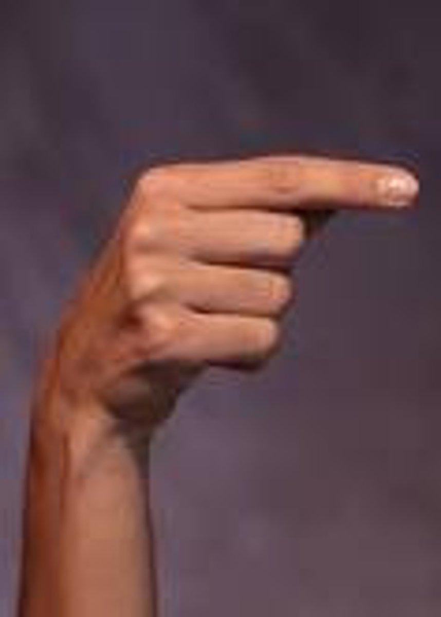 <p>Middle, ring and little fingers are folded down across palm. Thumb is straight but pulled in so that it is in front of the index finger. The index finger is straight and pointing forwards slightly so that it is parallel to the thumb, The thumb and index finger are not touching. The whole hand is turned towards the left and tilted slightly so the thumb and index finger are towards the viewer and pointing up at about 45 degrees.</p>