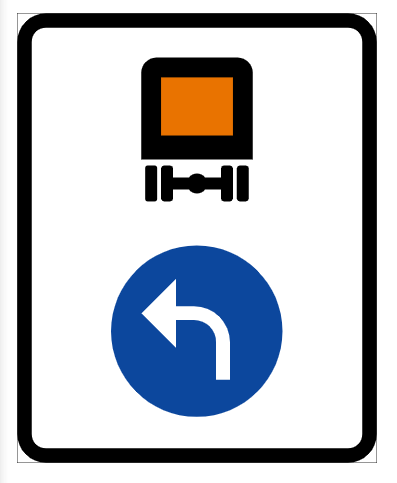<p><span>Märket anger påbjuden körriktning för trafik med fordon med sådan last som omfattas av krav på märkning med orangefärgad skylt enligt föreskrifter som har meddelats med stöd av lagen (2006:263) om transport av farligt gods. Bokstaven på märket anger att påbudet endast avser sådana fordon som inte får framföras i en vägtunnel som tillhör den tunnelkategori som motsvarar bokstaven.</span></p>