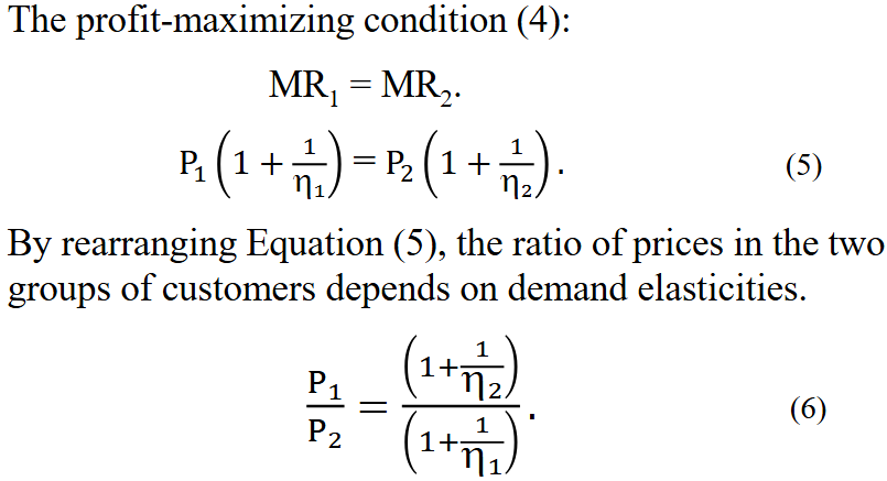<p>If the firm knows price elasticity of each group of customers (n1, n2), it can use the profit-maximizing condition (MR1=MR2) to determine the maximizing-profit prices of each group.</p>