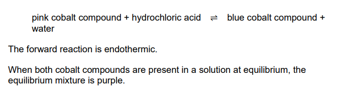 <p>The equilibrium mixture is <strong>cooled. </strong></p><p>Explain what happens to <u>the concentration</u> of the <strong>pink cobalt compound. [3]</strong></p>